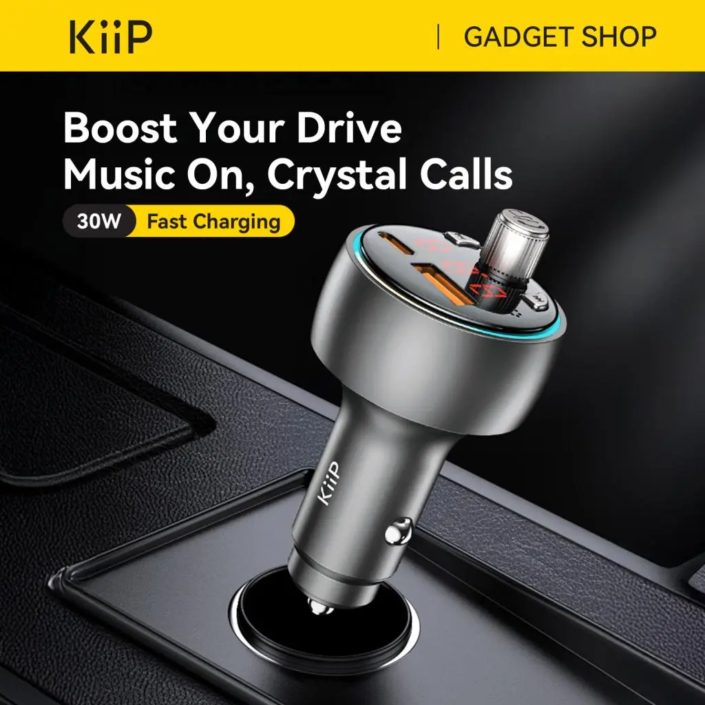 KiiP FM30W Car Charger PD 30W Fast Charging USB A + Type C FM Transmitter Charger Mobil