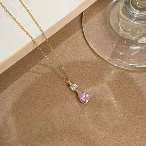 OMG! Perhiasan.Shop - Kalung Wanita Bahan Titanium Anti Karat Gold Tetes Air Pink KG017