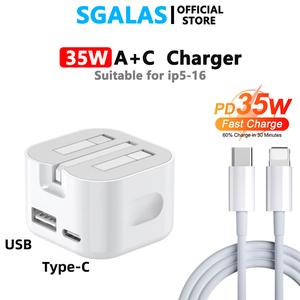 Pengecas Pantas, 2Port, 35W PD, Penyesuai Kuasa USB-C, Untuk iPhone 14 13 12 11 X, Pengecasan Pantas, Untuk Telefon Pintar, Palam UK, Pengecas Dinding Lipat, Stok Sedia Kabel