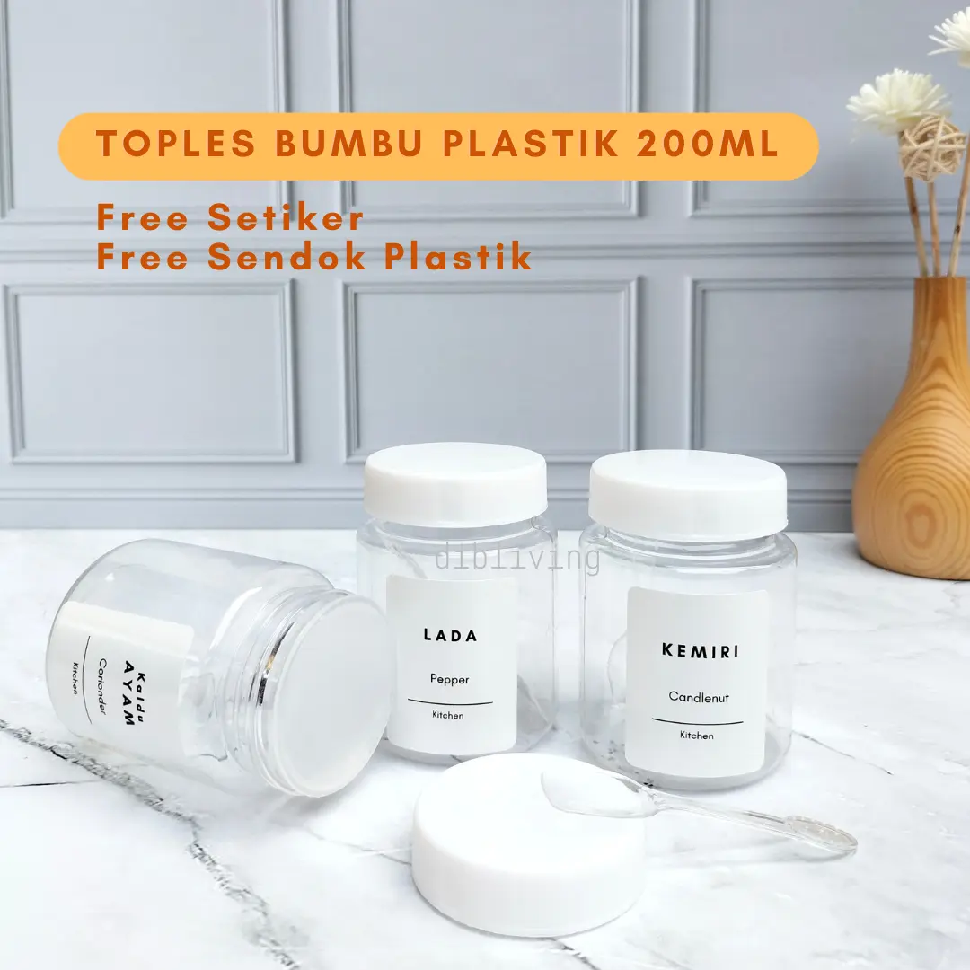 DIBLIVING. Tempat Bumbu Dapur 200ML Free SETIKER VINYL PUTIH & Sendok Plastik Aesthetic Korean Stile  BULAT