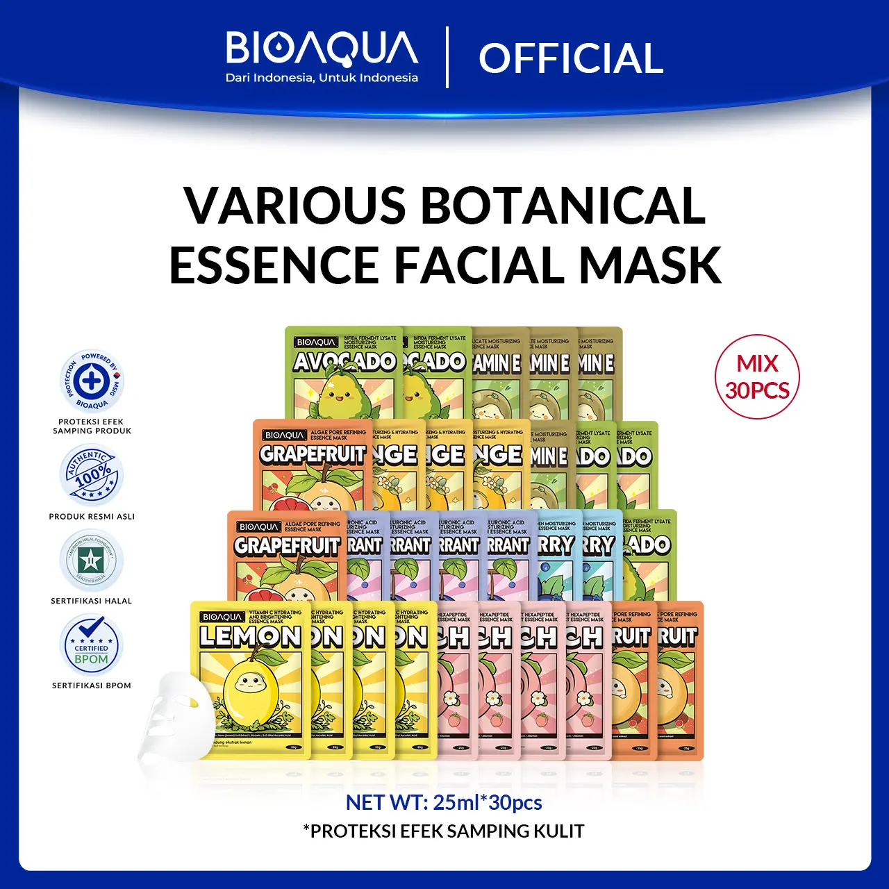 【BPOM】BIOAQUA Sheet Mask Mixed 30pcs Set Natural Serum Series Facial Treatment Hydrating Masker 25g/pcs