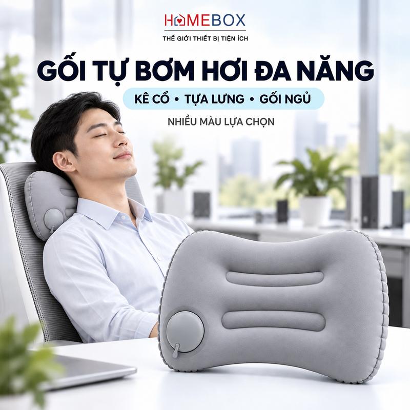 Gối Kê Cổ Tự Bơm Hơi Hình Chữ Nhật HomeBox, Gối Đa Năng Hoàn Hảo Cho Đi Du Lịch Hay Văn Phòng