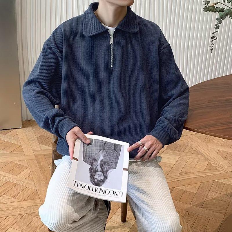 【X·Fashion】sweatshirt men's trendy brand handsome street half-zip polo shirt light and sophisticated style high-end jacket royal blue black white gray 8240 4
