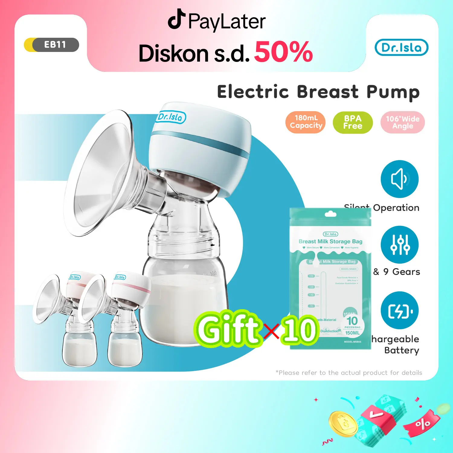 【Kantong ASI gratis】Dr.isla EB11 Pompa ASI Elektrik Tanpa Kabel Desain Sisi Tunggal Ideal untuk Bayi Baru Lahir Hisap Kuat Dapat Diisi Ulang Sepenuhnya Otomatis Portabel Bebas BPA Nyaman Digunakan Tanpa Rasa Sakit Ibu