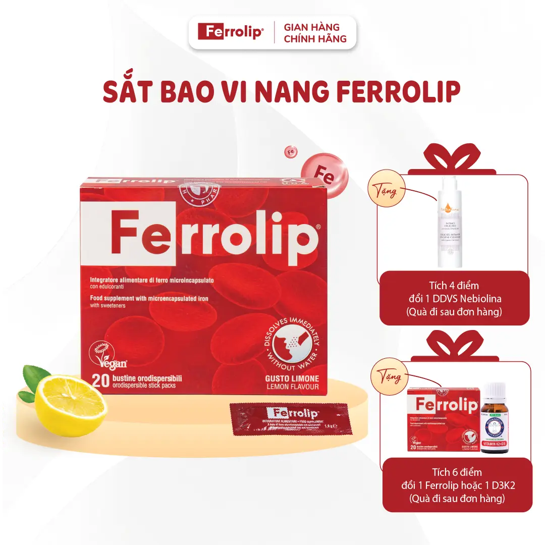 Sắt bao vi nang Ferrolip - Bổ sung sắt cho mẹ bầu, mẹ sau sinh -  1 hộp 20 gói