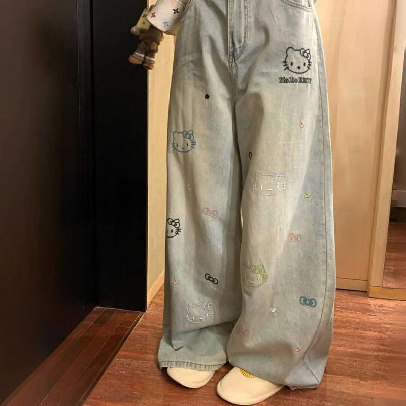   M63  Quần jean nữ ống suông rộng QC thêu nấm dài 87cm + 97cm size SML Shop Nhí 