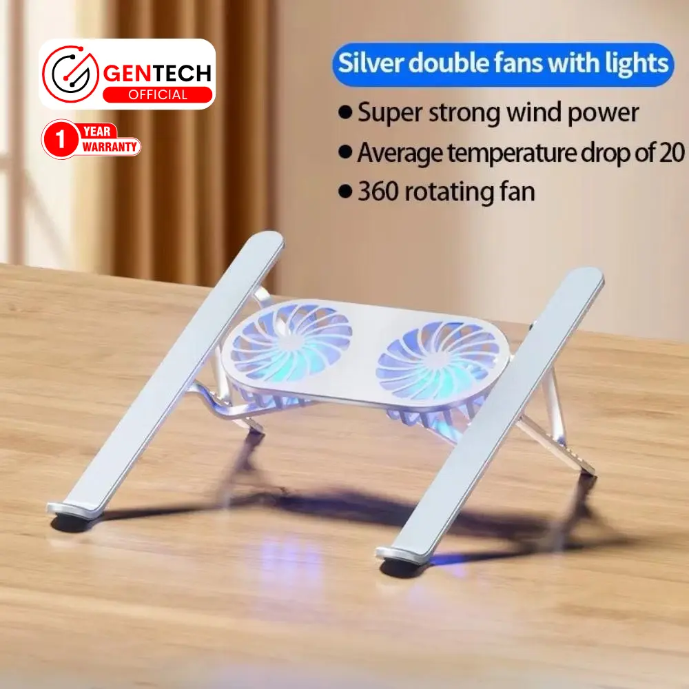 (SG) Adjustable Laptop Stand with Cooling Fan 360° Rotating, Aluminium Alloy Multi-Angle Holder, Ergonomic Design, Portable Cooling Pad for Desk & Office Use, Temperature Control