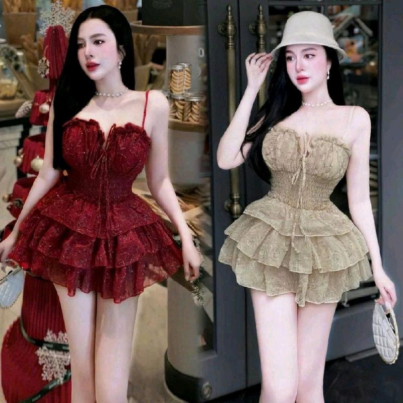 Đầm hai dây tầng xoè tơ thêu hoa hồng nổi kèm quần, đầm đỏ dự tiệc sang chảnh, váy đi cưới bigsize, váy đi chơi nhẹ nhàng