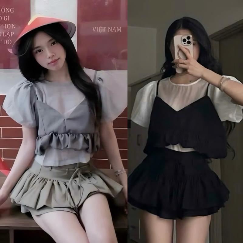 Bèo Béo Bigsize Áo Lẻ Di Di Tơ Bồng Tay Bồng Mix Yếm Layer Form Bigsize 60-90Kg