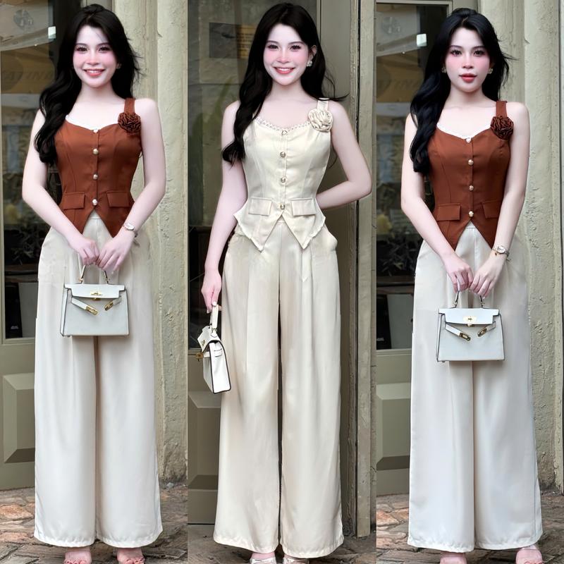 Mijustore B100 - Set Áo Gile nữ đính hoa phối quần Suông ống rộng trẻ trung chất liệu cotton lạnh thiết kế vải tây mềm mịn cho nữ Việt Nam