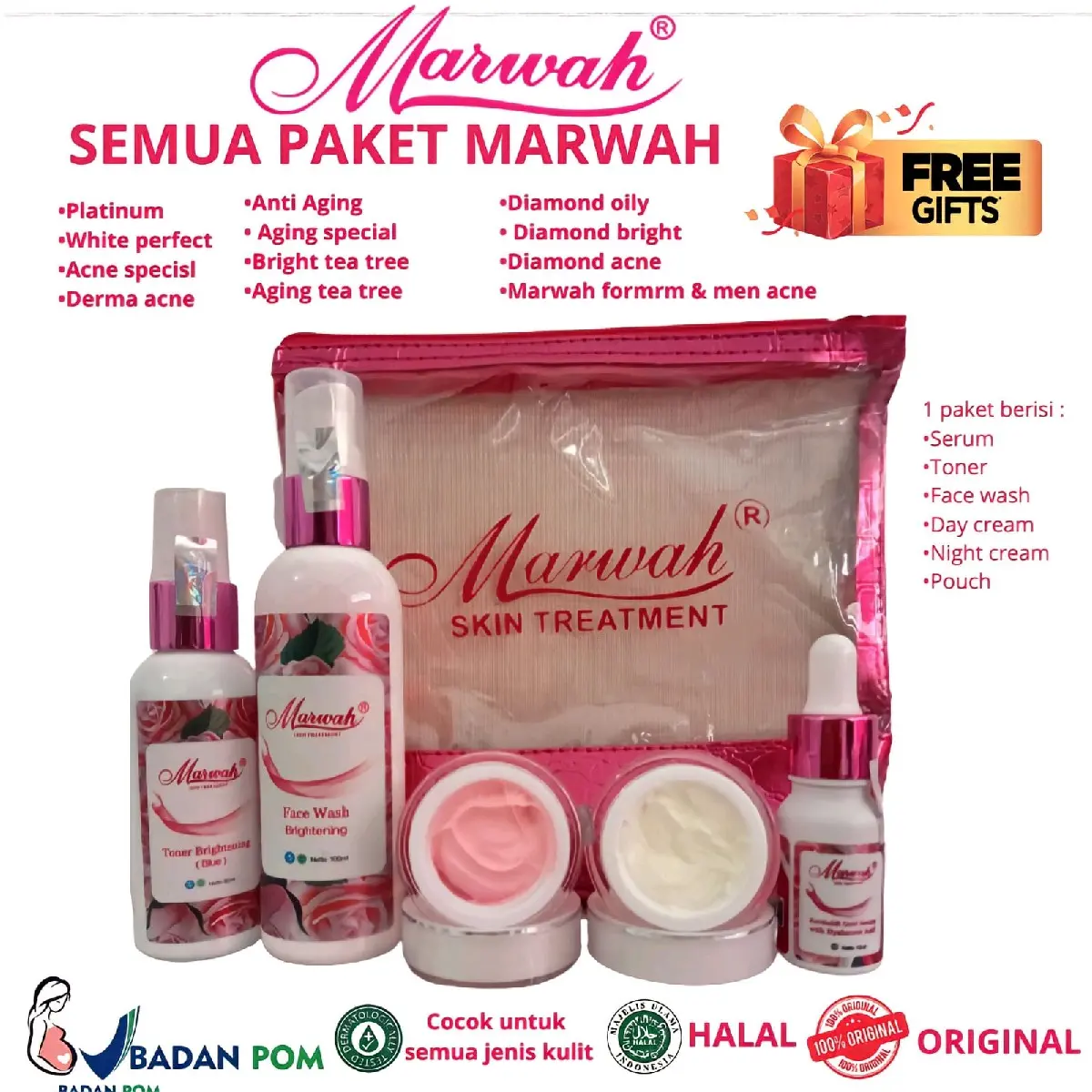 Marwah skincare semua paket free gift pasti original paltinum diamond bright tea tree aging special dema acne oily Asam Hialuronat Kulit Kering Pemutihan Kulit sensitif Hidrasi Kontrol Minyak beruntusan jerawat flek hitam kulit kusam. wakah glowing