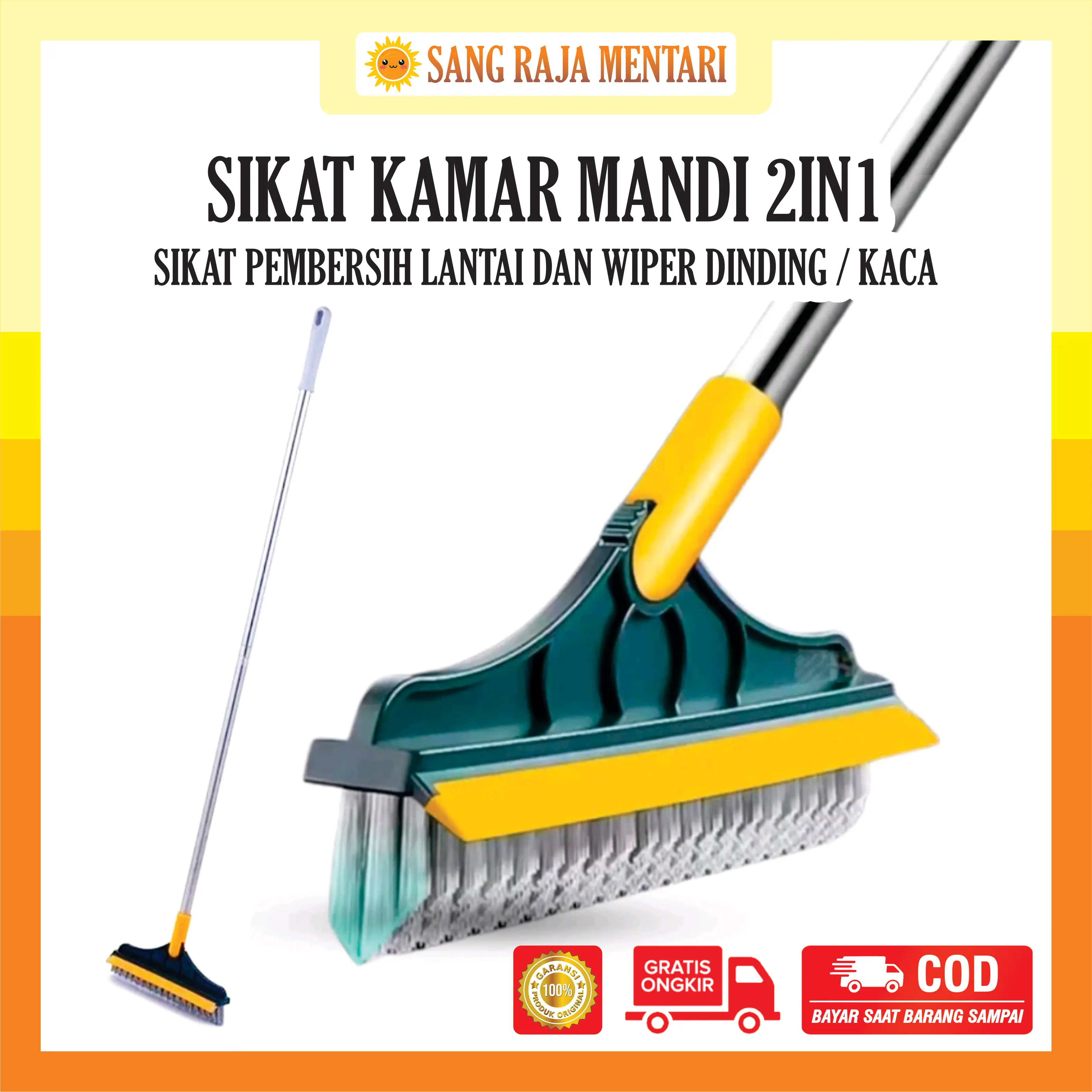 Sikat Dorong Lantai Dengan Wiper untuk Kamar Mandi 2in1 Gagang Panjang | Alat Pembersih Kaca Dinding
