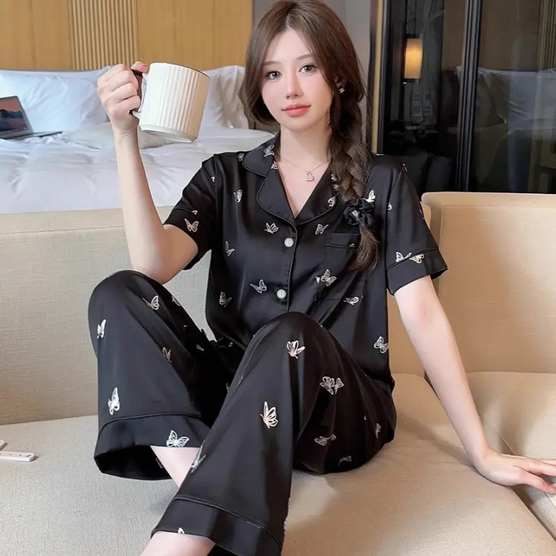Butterfly print pajamas women spring summer thin cardigan short sleeve trousers sweet casual home wear set