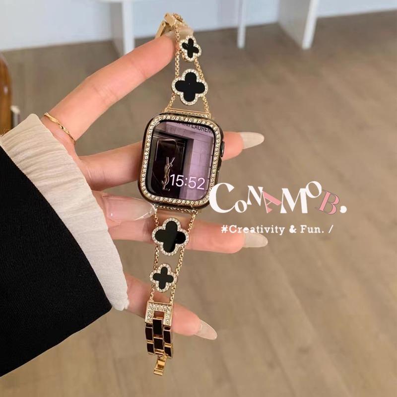 Product Introduction of Luxury Four-leaf clover rhinestone metal chain strap For iwatch Serie 9 8 7 6 SE 5 4 3 2 fashion Clover ladies band For iwatch Band 44mm 45mm 41mm 40mm 38mm 49mm 42mm 38