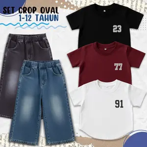SETELAN KAOS CROP TOP OVAL DAN JEANS POLOS ANAK PEREMPUAN/OOTD CASUAL ANAK