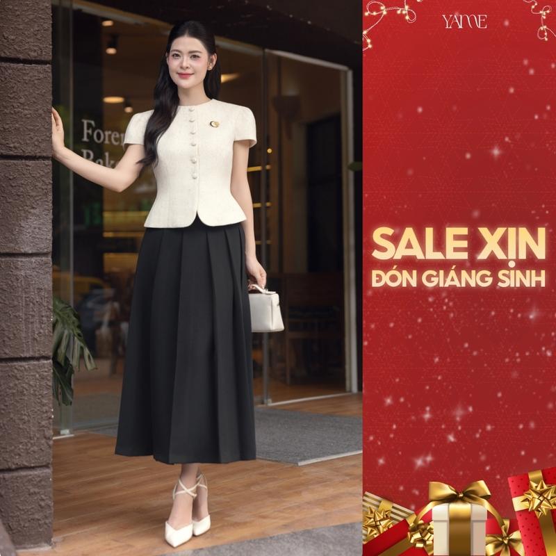   Tách Set  Thiết Kế YAME Áo Tweed Tay Hến Cúc Bọc Vạt Tròn Chân Váy Ly To Túi Sườn - Lyra YA+YCV749 