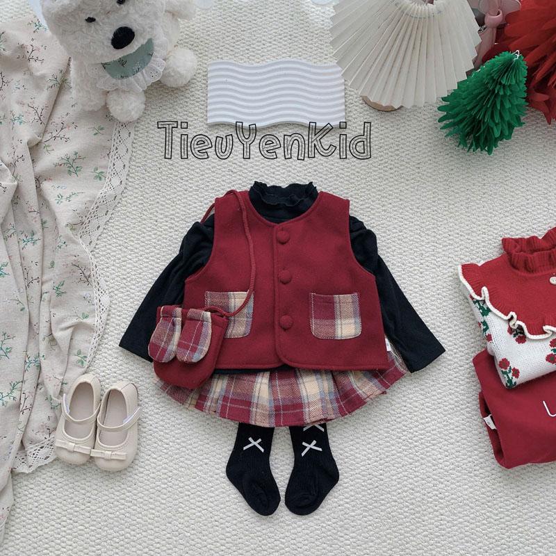   Tiểu Yến KID  S2109-Set gile dạ đỏ bé gái chân váy caro xếp ly  không kèm áo trong  