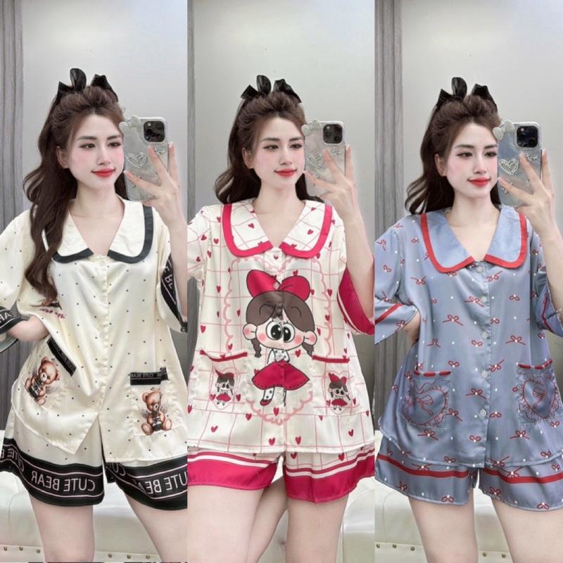 Đồ bộ pijama tay ngắn cổ sen quần đùi vải lụa mịn lụa latin tơ tầm mặc nhà siêu xinh form 40 đến 65kg Nhung Nho Nữ Women Quần Ngủ setdomac nhaxinh