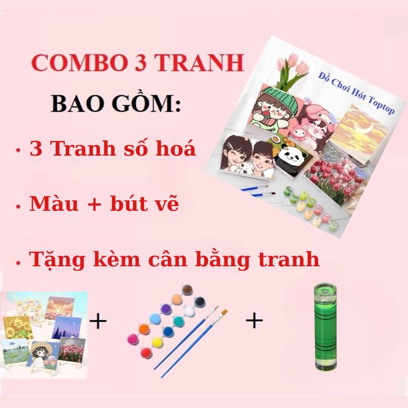 Combo 3 Tranh Số Hóa tự chọn theo chủ đề Có sẵn Khung Và Dụng Cụ Tô Màu Tự Làm Kích Thước 20x20cm Tặng Cân Bằng Tranh