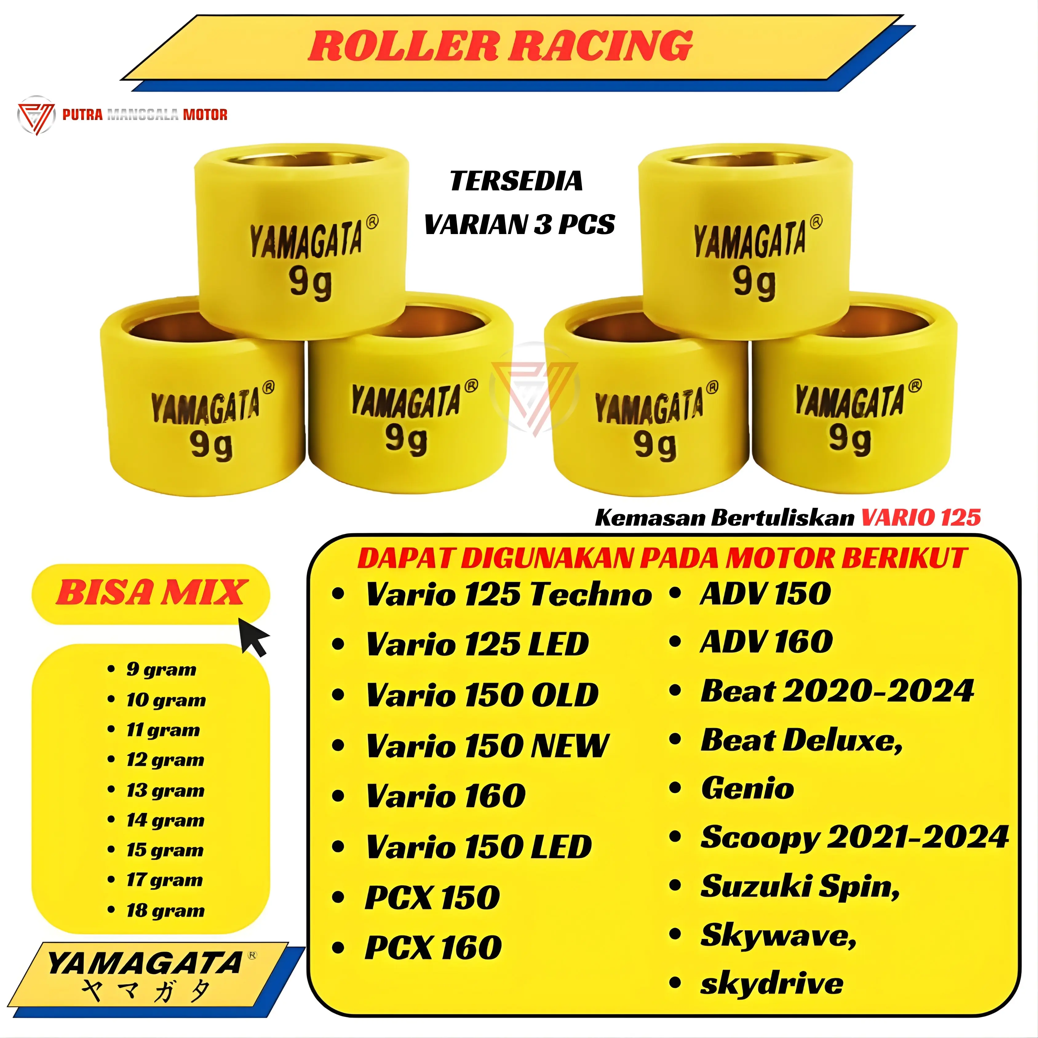 Roller Racing Vario 125 150 160 Fi Led 9-10-11-12-13-14-15 gr gram Genio Pcx Lokal Beat 2020-2024 Motor Motorcycle