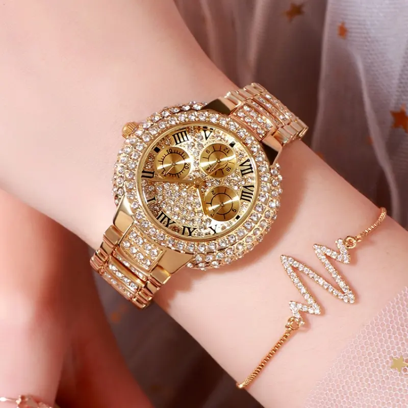 Đồng Đồng Hồ Nữ Thời Trang, Ba Mắt, Kim Cương Giả Đầy Đủ, Không Thấm Nước, Đồng Đồng Hồ Thạch Anh, Phong Cách Hip Hop, Đồng Đồng Hồ Sang Trọng Đeo Tay Watch Titan
