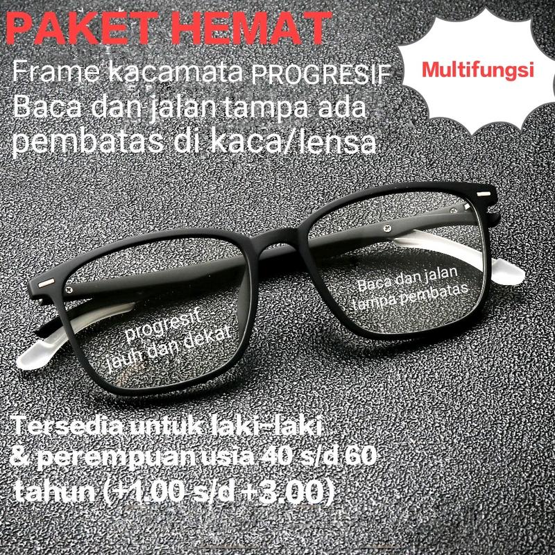 Paket lengkap frame kacamata baca dan jalan(lensa progresif) multifungsi antiradiasi bluray untuk laki-laki & perempuan usia 40 s/d 60 tahun(+1.00 s/d +3.00) 0