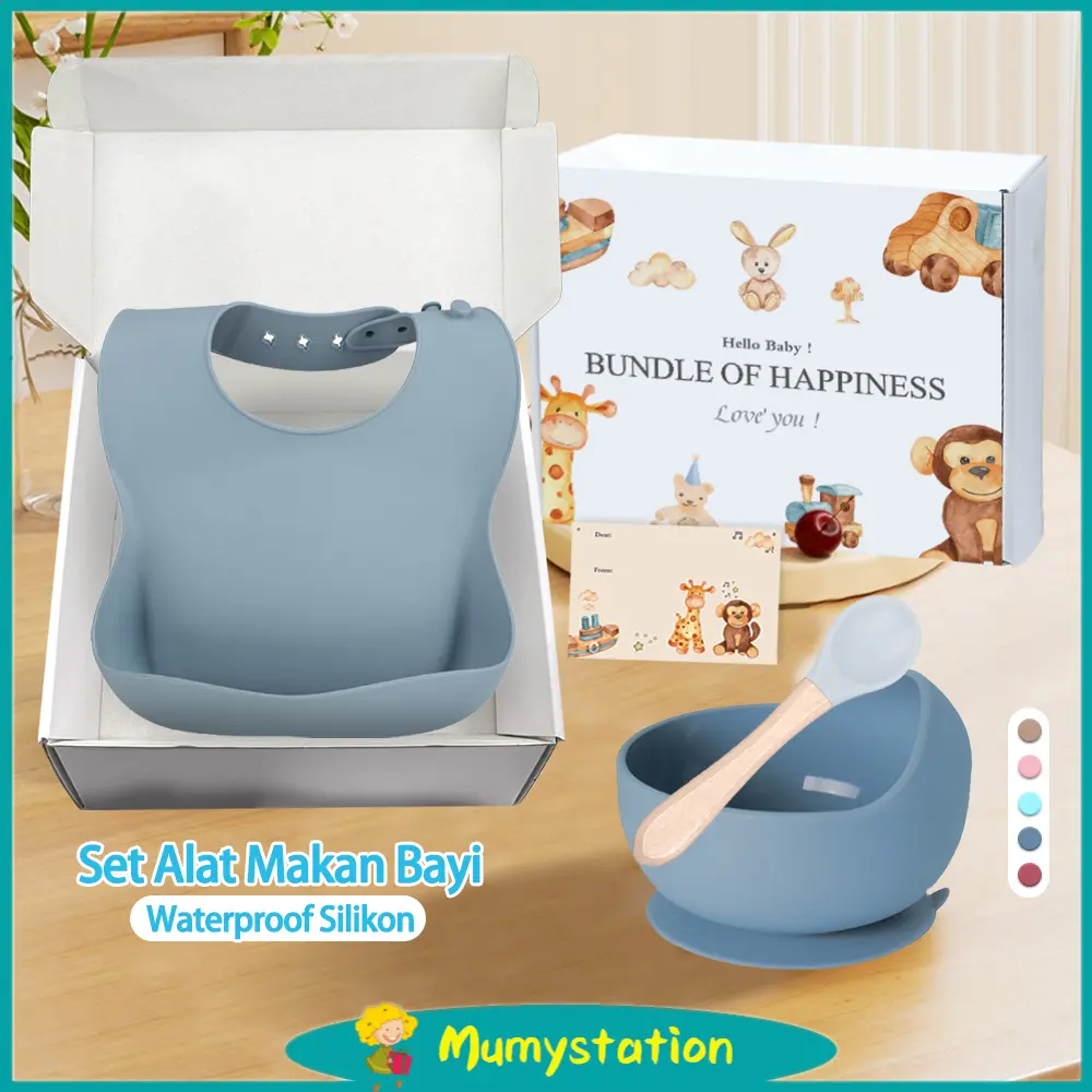 Mumystation Set Alat Tempat Mangkuk Lengkap Makan Silicon Anak Celemek Makan Bayi Bibs Waterproof Bpa Free
