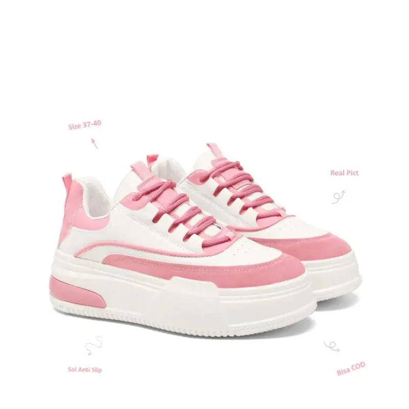 PROMO ! BUY 1 GET 1 FREE Sepatu Kasual Wanita Korea Jeno Coek Sneakers Kekinian Warna Mocca Pink Hitam 2