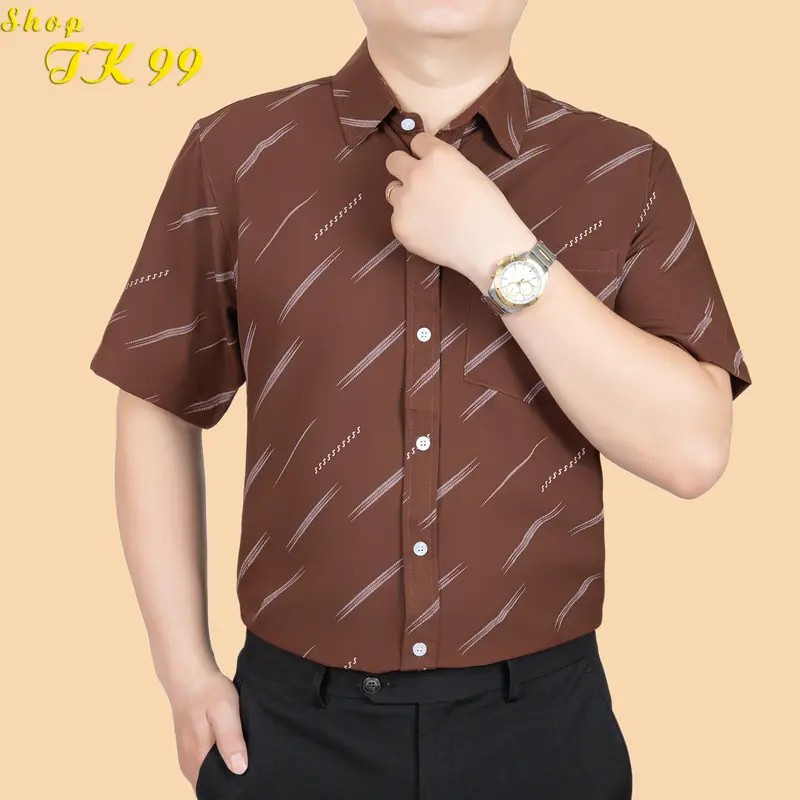 Áo sơ mi nam ngắn tay có túi lụa hàn chống nhăn Cổ Tròn Trung Niên 2