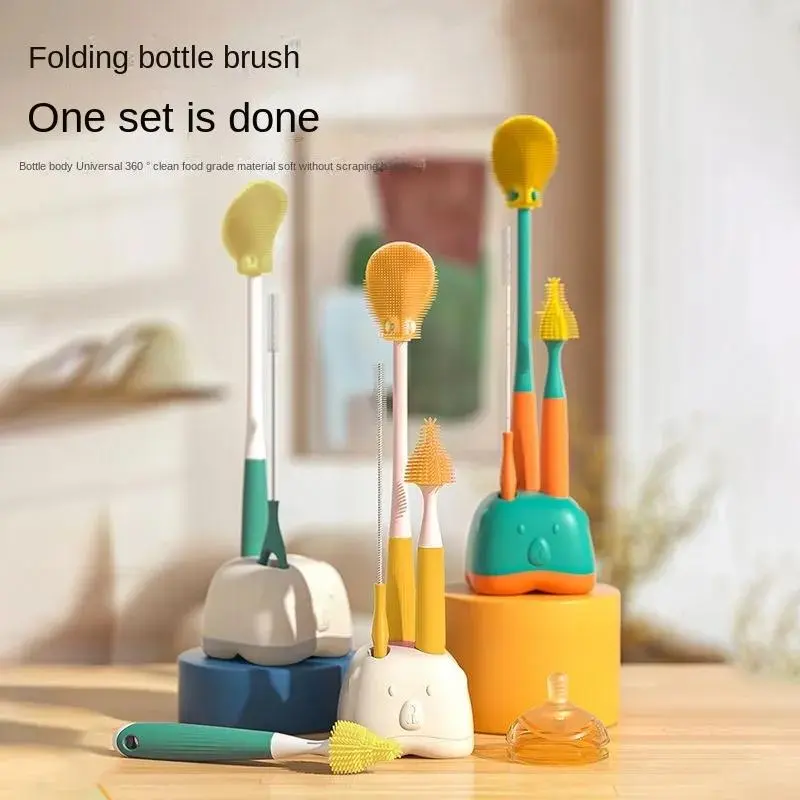 Multifunctional foldable silicone milk bottle brush, double-sided brush, milk tube brush, suction tube brush with storage base, cleaning brush, and magic tool