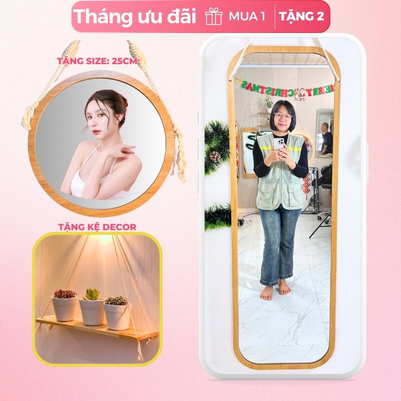 Gương toàn thân treo tường viền gỗ, gương Trang Trí Nhà size 35x115cm, tặng gương tròn size 25cm Decor Phòng, tặng kệ decor kèm dây thừng và phụ kiện treo.