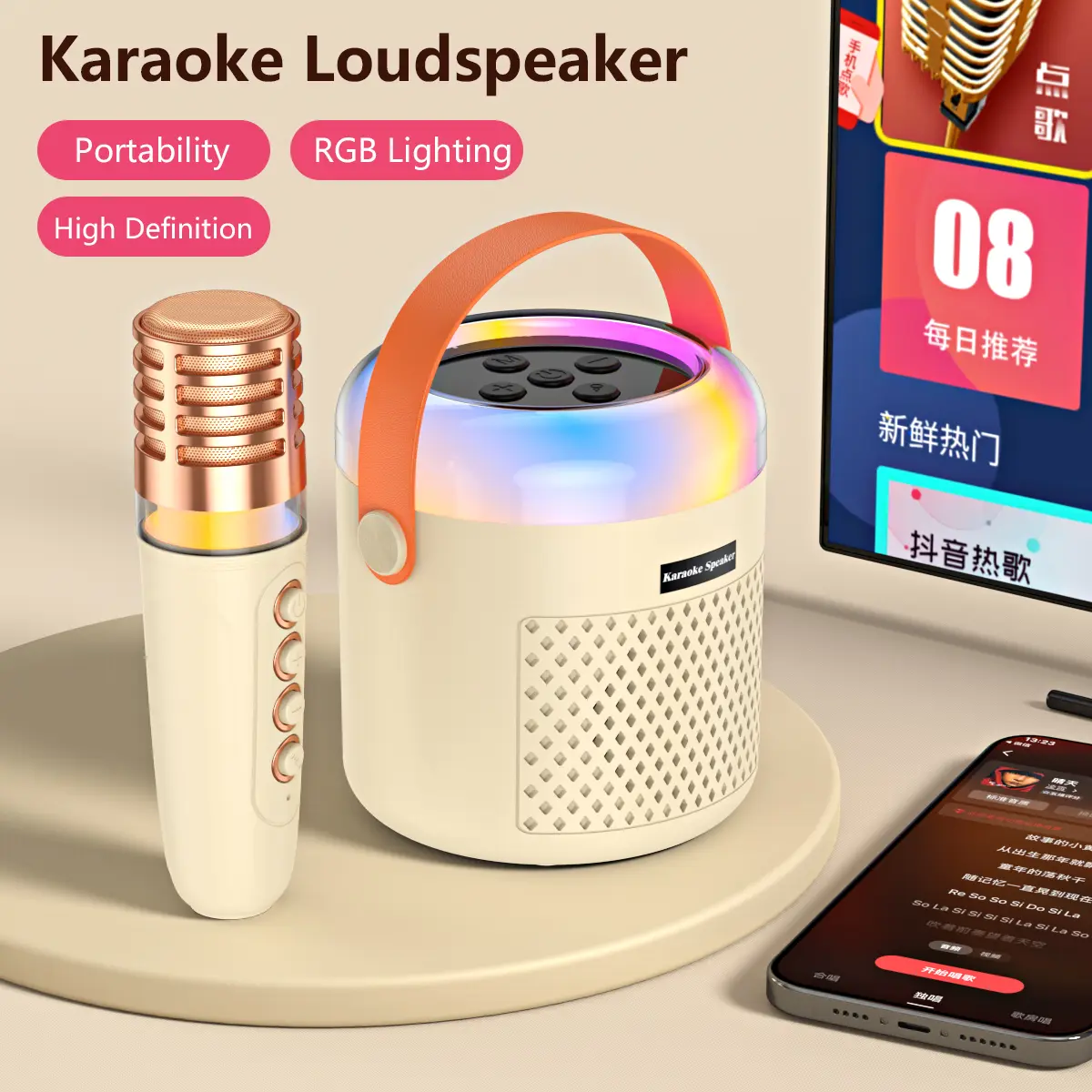 Wireless Karaoke Speaker with 2 Wireless Microphones, Rechargeable HiFi Stereo Sound KTV Speaker System, Wireless Speaker with RGB Colorful LED Lights Audio Smartphone