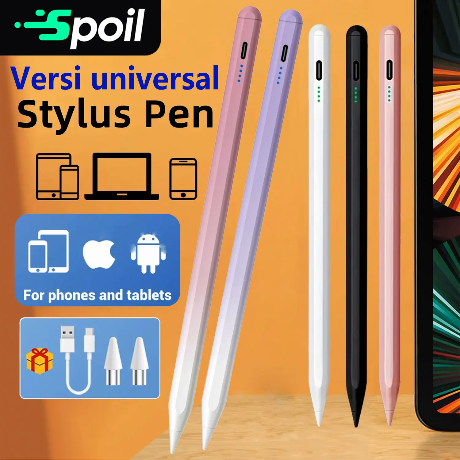 【COD】Spoil Pena Stylus Universal untuk Layar Elektronik Pena Sentuh Warna Gradien Ujung POM Pena Stylus Digital Magnetik Kompatibel dengan iPhone/iPad/Samsung/Huawei/Xiaomi/Smartphone Android Dan Tablet pencil case
