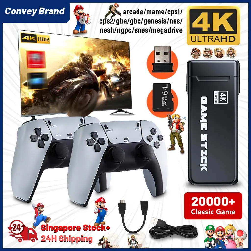 [SG Stock] 4K HD Video Game Console 64G Built-in 40000 +Games Retro handheld Game Stick Wireless Controller Supports MAME/FC/GB/MD/SFC/PS1 Game Kids Gift