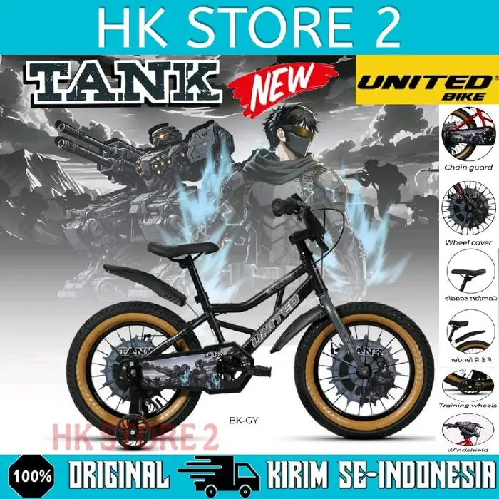 Sepeda BMX Anak Laki UNITED TANK NEW Ukuran 12 16 18 Inch Ban 3.0 - BK GY, 12 inch