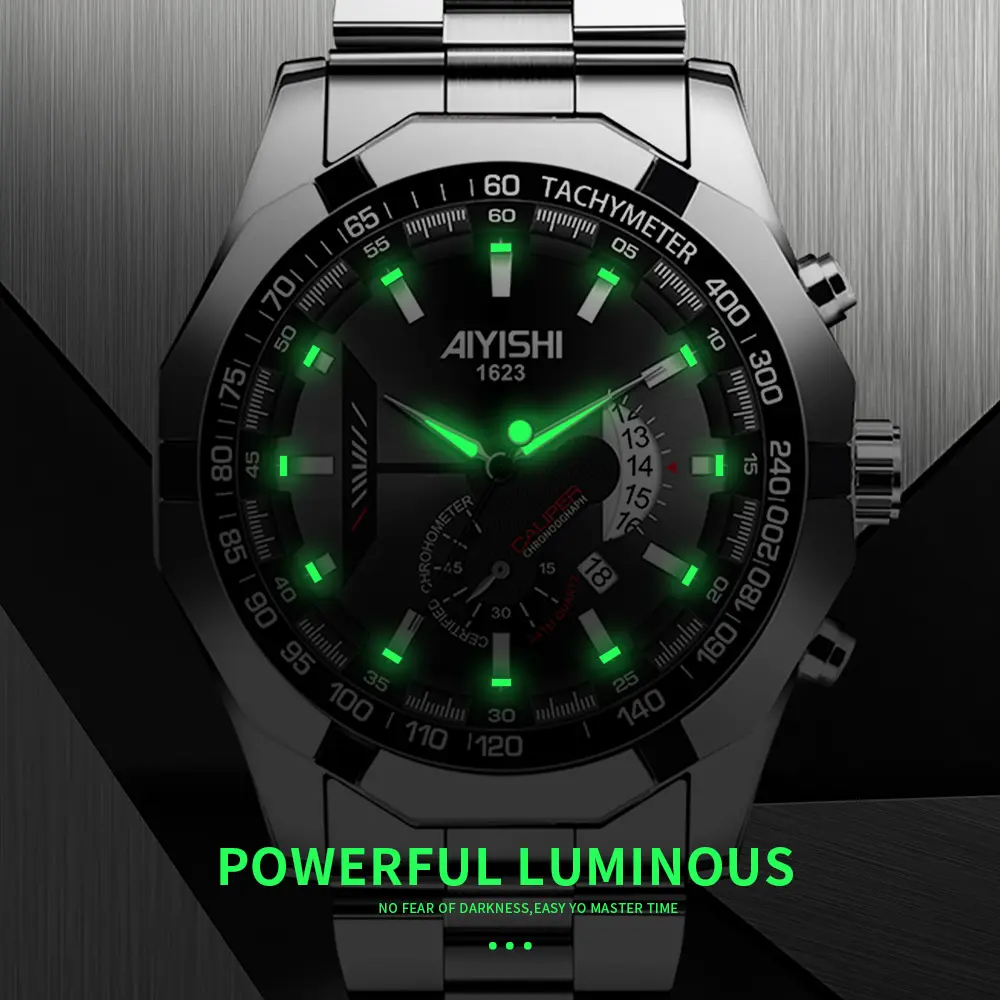 AIYISHI Jam Tangan Pria Mewah & Sporti 1623 Multifungsi Tahan Air 30M Dial Hitam Bodi Stainless Steel Garansi 2 Tahun Kaca Kristal Kuarsa Otomatis AIYISHI Jam Tangan Pria Mewah & Sporti 1623 Multifungsi Tahan Air 30M Dial Hitam Bodi Stainless Steel Garansi 2 Tahun Kaca Kristal Kuarsa Otomatis