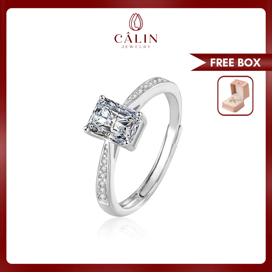 FRANCINE | Radiant Emerald Solitaire Pavé Ring - Cincin Persegi Panjang Wanita Aesthetic Unik Free Size (C0037)