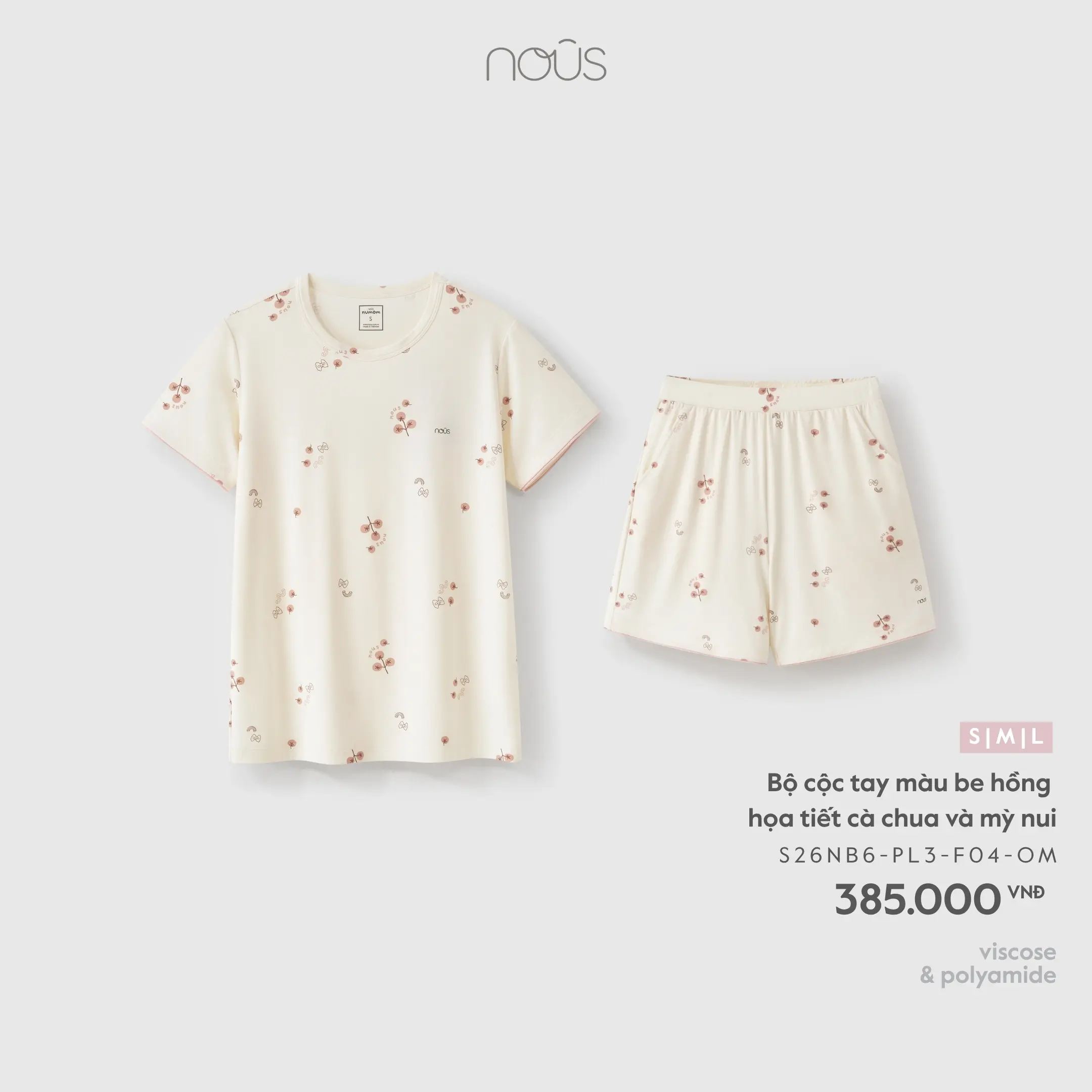 Bộ cộc tay màu be hồng họa tiết cà chua và mỳ nui Nous