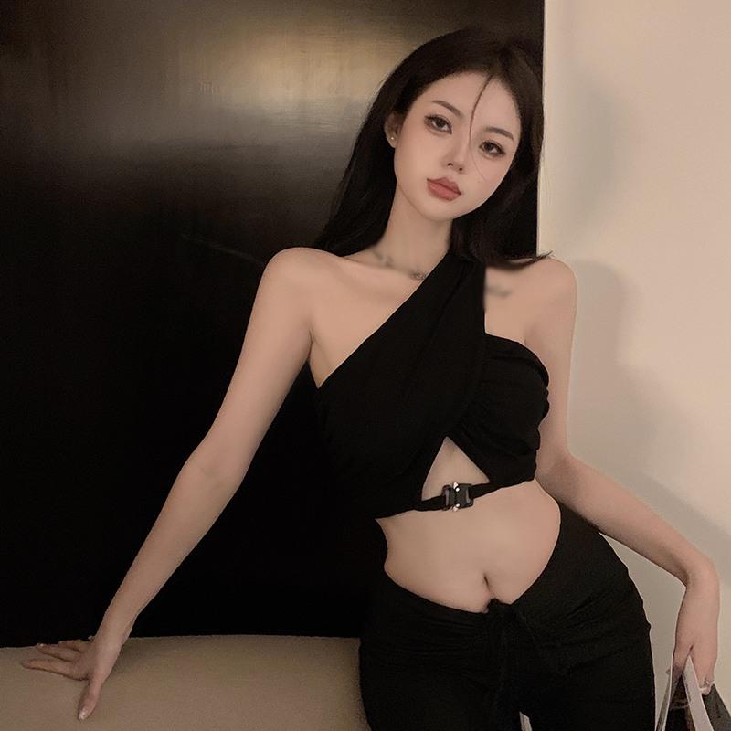 Áo Yếm Cho Nữ, Trễ Vai, Dáng Ôm, Áo Ba Lỗ Hở Eo Gợi Cảm, Không Tay, Cổ Yếm Một Bên, Phong Cách Y2K Trang chủ Top Women Khuy Voi Voan