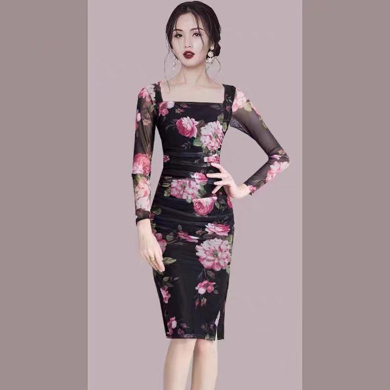 Product Introduction of Female OL temperament  royal sister style slim fit buttocks  sexy mesh pleated dress 6