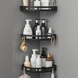 3pcs Repisas de esquina sin perforaciones - Organizador de baño y cocina de plástico impermeable con 3 niveles ajustables, soporta botellas y artículos de tocador, repisa moderna y elegante, acabado pulido.