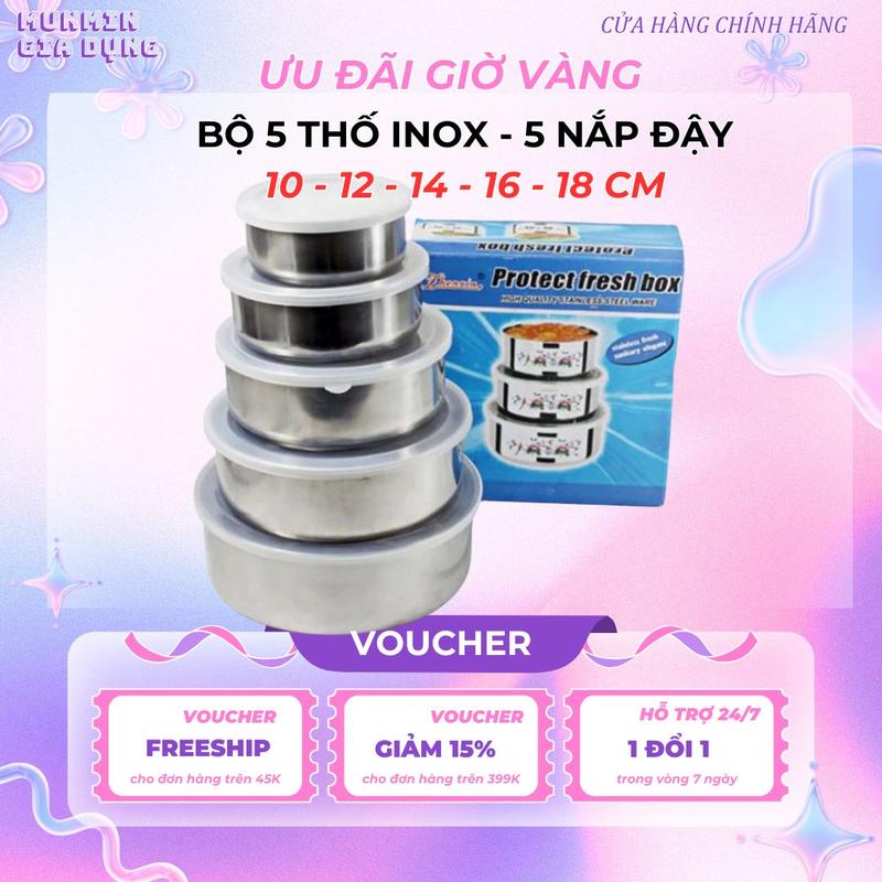  Bộ 5 Thố INOX TRÒN Có Nắp Đậy Chống Bụi An Toàn Sử Dụng - Bộ 5 Hộp Lạnh Đựng Thực Phẩm Cơm Tiện Lợi 