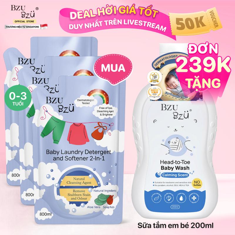Combo 3 Túi Nước Giặt Xả Vải Em Bé BZU BZU Baby Laundry Detergent and Softener 2 in 1 Dịu Nhẹ Cho Da Bé 800ml Cho Bé