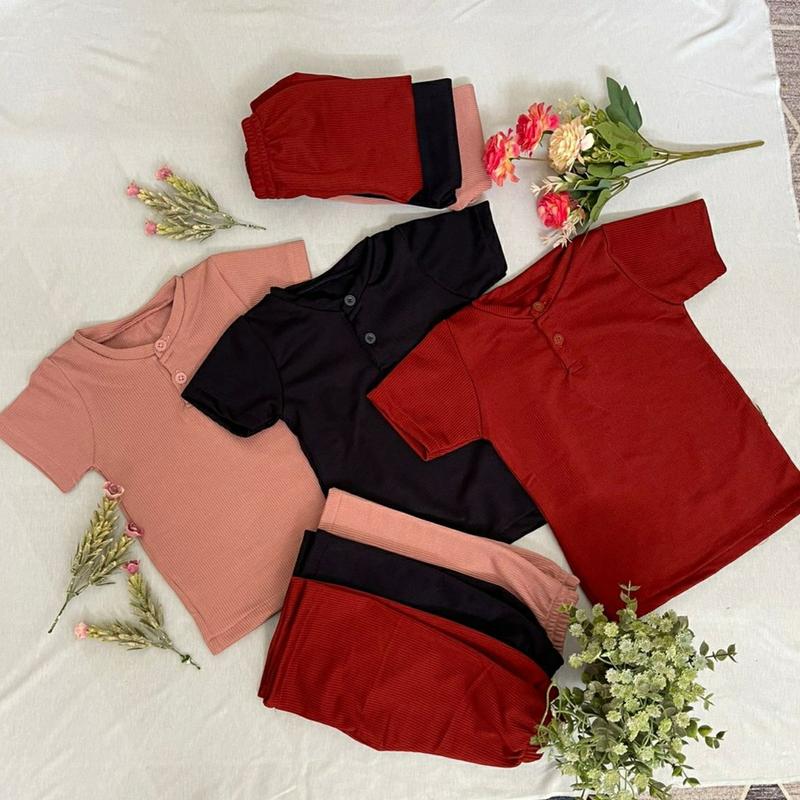 Setelan baju anak laki laki dan perempuan bahan Rib Knit 3 bulan - 1 tahun 7