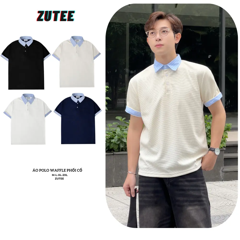 Áo Polo Ngắn Tay Phối Sơ Mi Kẻ Sọc Xanh ZUTEE Áo Phông Vải Cotton Tổ Ong Cao Cấp Thoáng Mát Nam Nữ Unisex