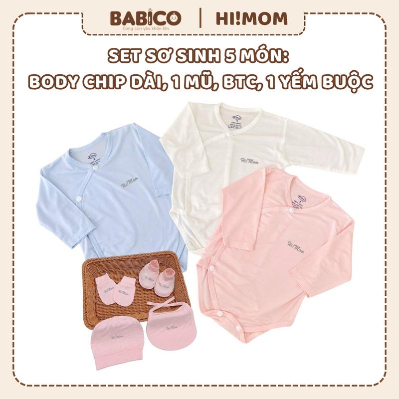 Set Sơ Sinh Himom: 1 Bodysuit Dài Tay, 1 Mũ, 1 Đôi Bao Tay, 1 Đôi Bao Chân Và 1 Yếm Tròn Buộc Dây HiMom Vải Petit Sợi Tre Mềm Mại, 4 Mùa