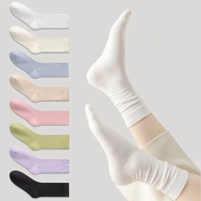 FHYL Women Korean Solid Casual White High Top Socks Cotton Fashion Wide Mouth Soft Socks For Women
