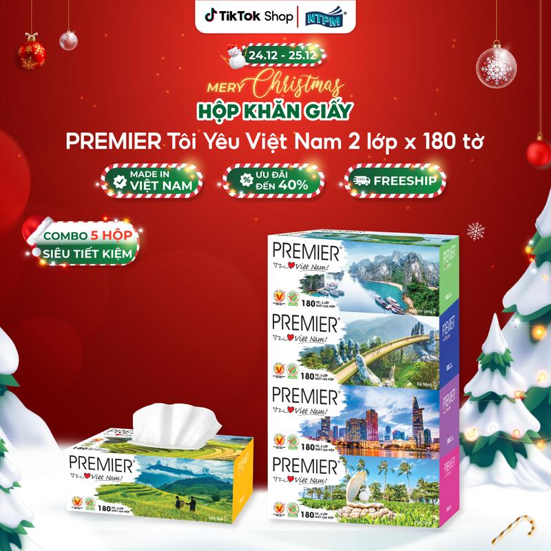 COMBO 5 HỘP Khăn giấy lụa đa năng PREMIER Tôi Yêu Việt Nam 2 lớp – 100% bột giấy nguyên sinh không chất tẩy 180 tờ hộp – Chính hãng