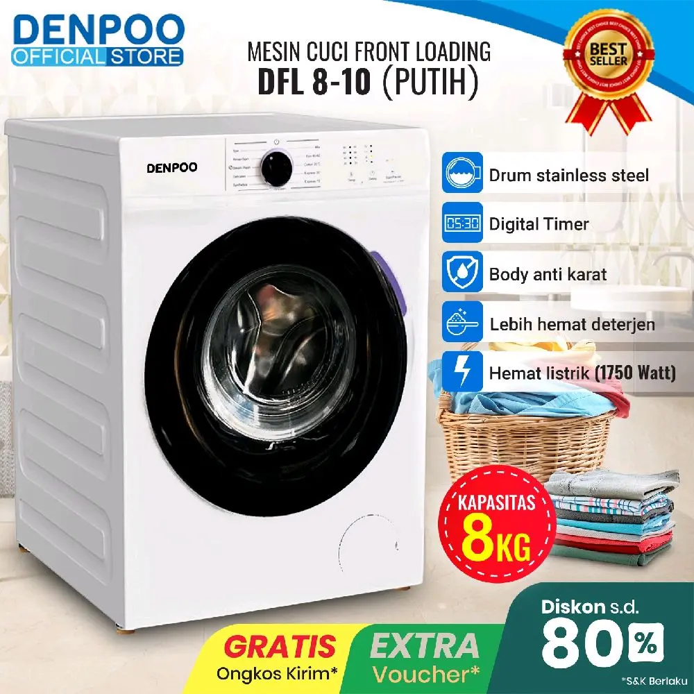 Denpoo Mesin Cuci Front Loading DFL 8-10G 8 KG SNI