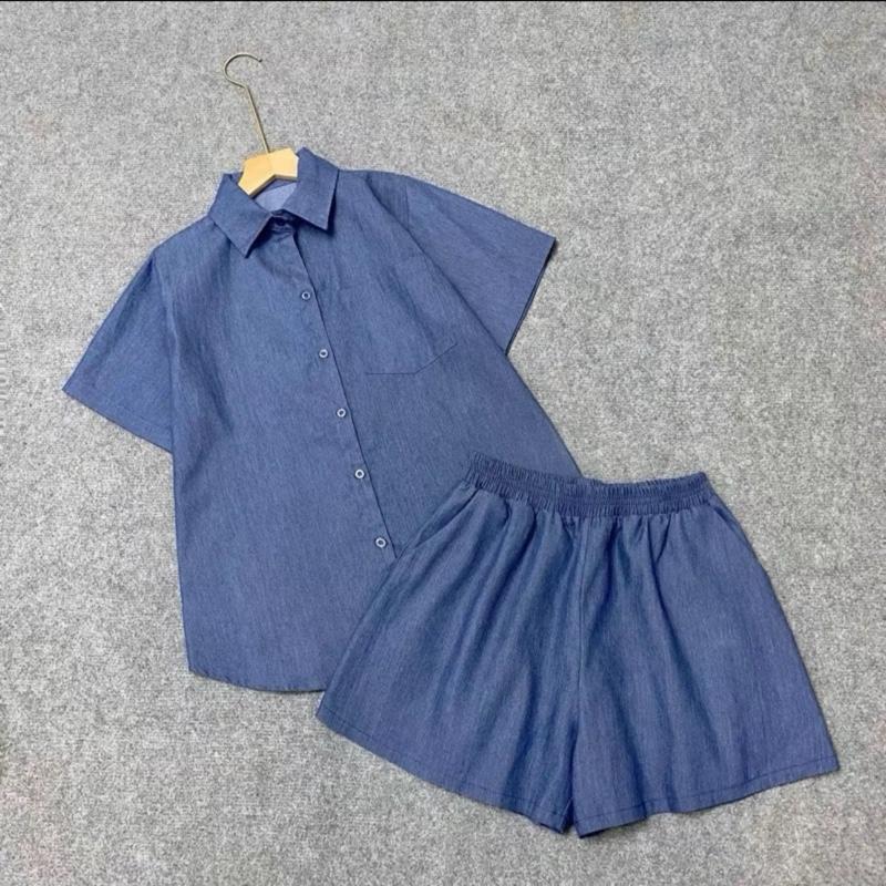 [ DEAL MỞ BÁN] Sét bộ bò giấy nữ bigsize áo sơ mi cổ bẻ kèm quần short có túi cho nữ chất jean giấy mềm size 50-93kg Đậu bigsize sm187, q549, set856 (có bán lẻ)